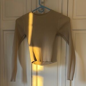 Beige Ribbed Long Sleeve Top
